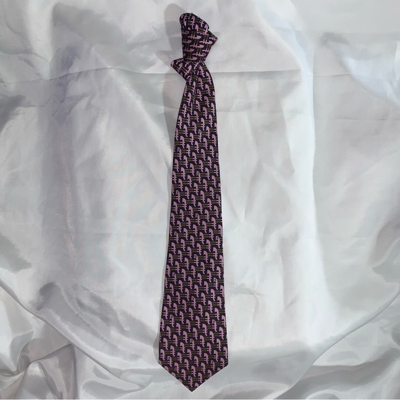 CHANEL navy SILK necktie CRAVAT tie orchid pink abstract pattern w/chainlink - Picture 8 of 8